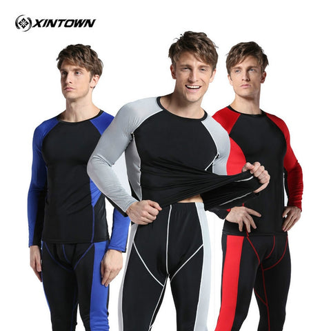 XINTOWN New Fitness Men's Gym Clothes Set suits For bodybuilding Running Pants Sports Leggings + Long Sleeve Tshirts sports wear