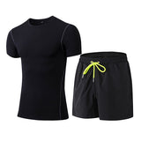 2 Pieces Men Sports Suits Running Clothes Short Compression Tights Gym Fitness T Shirt Quick Dry Black GYM Men's Sportswear