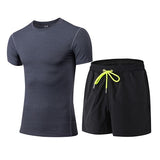 2 Pieces Men Sports Suits Running Clothes Short Compression Tights Gym Fitness T Shirt Quick Dry Black GYM Men's Sportswear