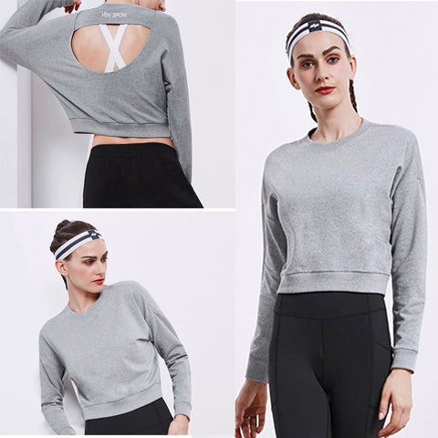 Women's Sweatshirt Long Sleeve Thin Backless Yoga Clothes Outdoor Running Round Neck Loose Pullover Autumn Gym Crop Top