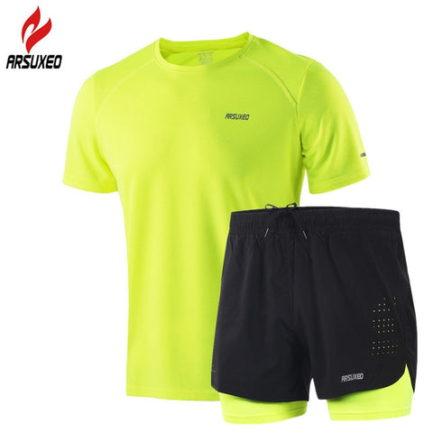 ARSUXEO Summer Men's Running Shorts Jersey Set Compression Jogging Quick Dry Sport T Shirt Running Suit Sportswear Gym Clothes