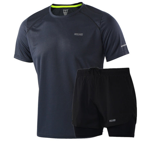 ARSUXEO Summer Men's Running Shorts Jersey Set Compression Jogging Quick Dry Sport T Shirt Running Suit Sportswear Gym Clothes