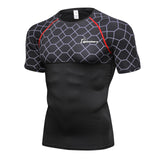 Queshark Men's Net Splice Compression Jogging Clothes Sports Short t shirt Gym Fitness Workout Tights Shirt Quick Dry