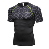 Queshark Men's Net Splice Compression Jogging Clothes Sports Short t shirt Gym Fitness Workout Tights Shirt Quick Dry