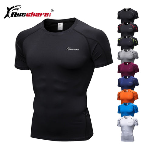 Queshark Men's Pro Compression t shirt Jogging Clothes Sports  Gym Fitness Workout Tights Short Shirt Quick Dry Breathable