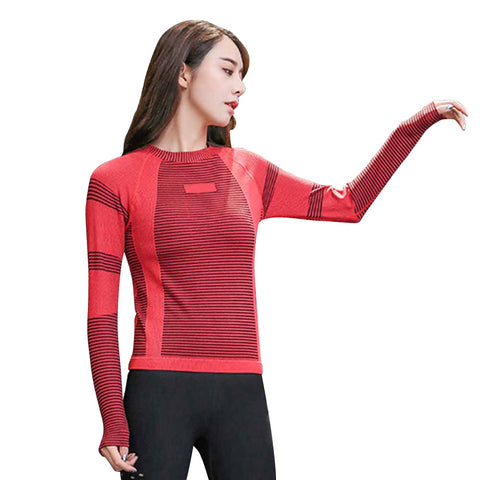 Sexy Striped Yoga Crop Top Fitness Long Sleeve Sport T-shirts Women T Shirts Red Blue Black Gray Green Gym Clothes Sweatshirt