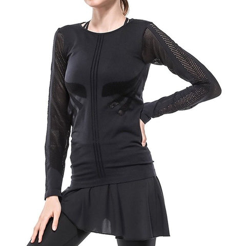 Spring Autumn Women Fitness Shirt Women Running Gym Clothes Hollow Out Breathable Women Solid Long Sleeve Base O-Neck Shirt